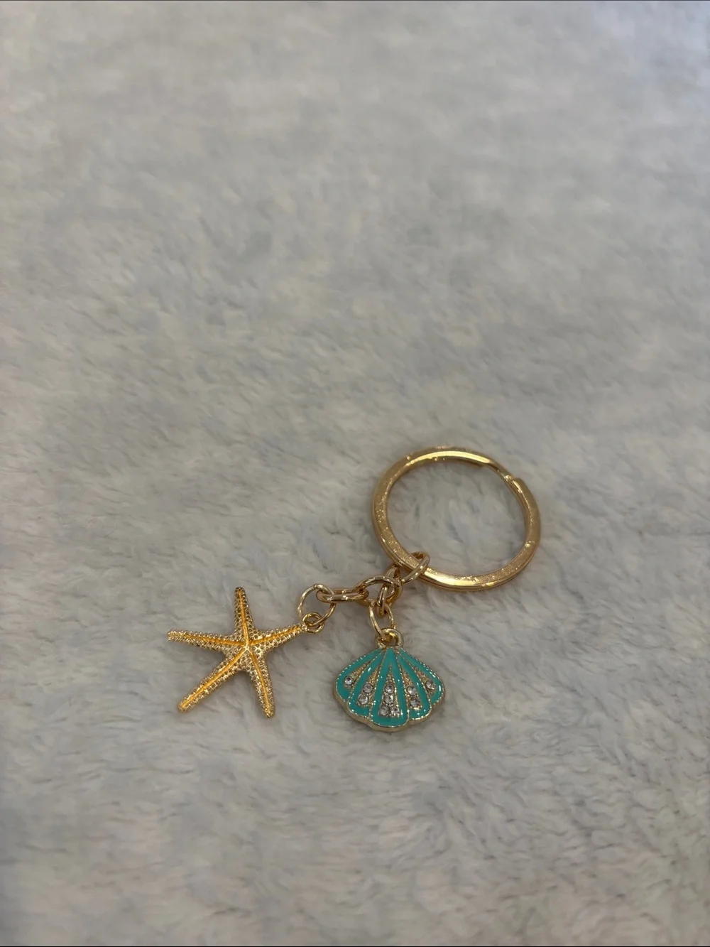 Gold Toned Starfish & Turquoise Shell Beach Ocean Sea themed Keychain NWT